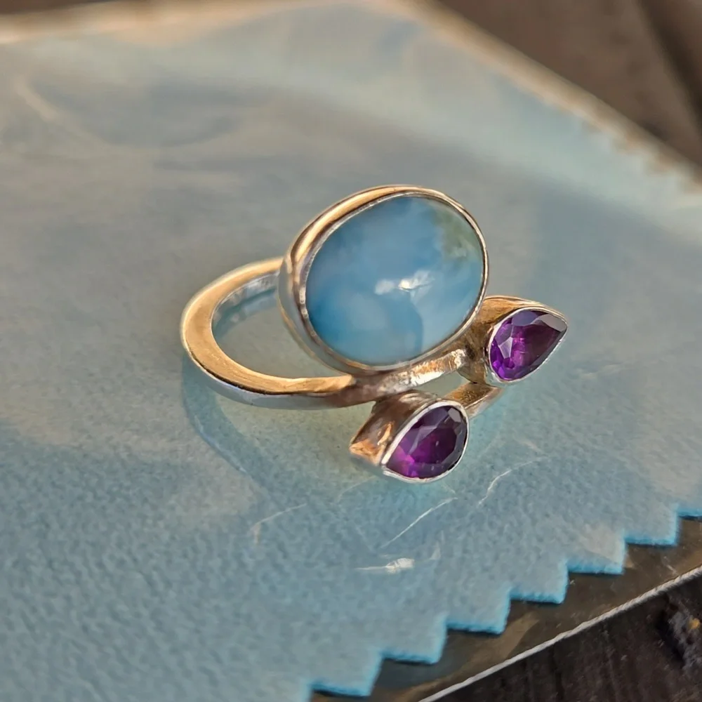 Larimar & Amethyst Solid Sterling Ring